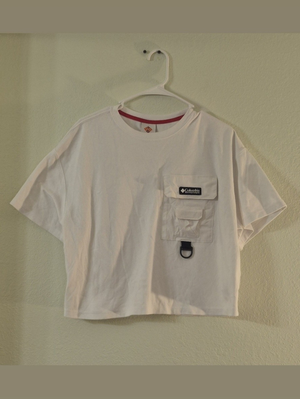 Columbia White Crop Tee with Front Utility Pocket and D-Ring
